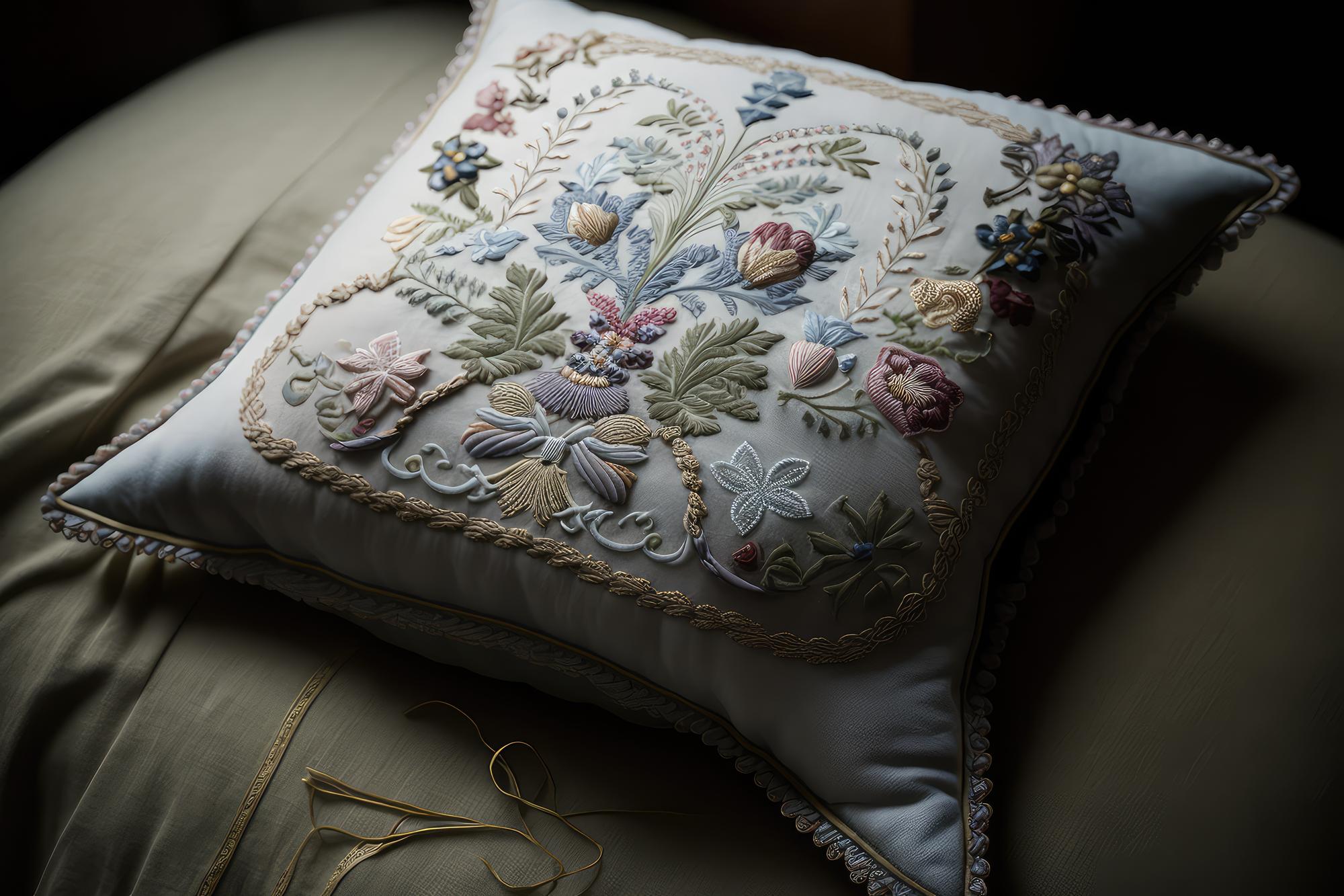 large: embroidered linen pillow with floral motif